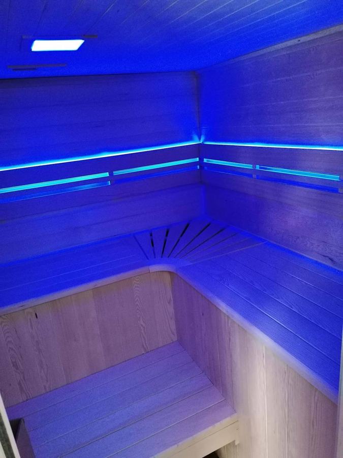 Dřevěná sauna s lavicemi a modrým světlem